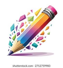 Una ilustración presenta un lápiz vibrante con un degradado de arco iris, emitiendo fragmentos geométricos coloridos sobre un fondo blanco. El estilo es moderno, con colores brillantes y contornos audaces.