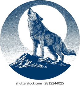 An illustration features a wolf howling towards a bright full moon. The artwork displays a two-tone color palette with a textured style. The image depicts a nocturnal setting likely outdoors with the wolf positioned on a rock formation. Suitable for various editorial and commercial applications.