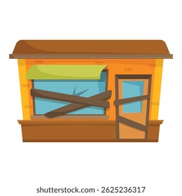 Illustration featuring an abandoned building, boarded up door, and broken window, symbolizing urban decay and neglect