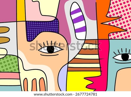 illustration featuring abstract geometric shapes and expressive eyes.