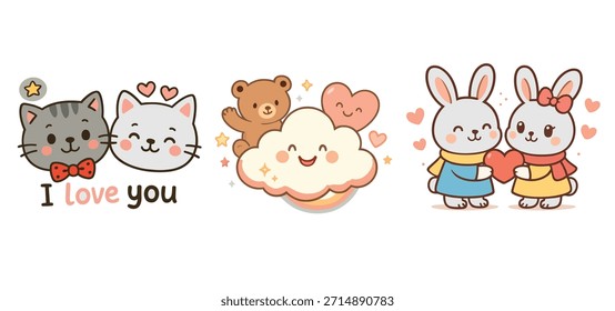 Una ilustración que presenta animales adorables que incluyen gatos, un oso, una oveja y conejos con un mensaje dulce
