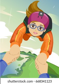 Illustration Featuring An Adventurous Teenage Girl Being Guided By A Sky Diving Instructor