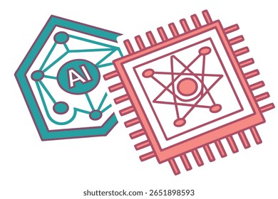 Illustration mit einem KI-Symbol und einem Leiterplattendesign. Das KI-Symbol ist mit einem Netzwerk von Linien und Knoten verbunden. Die Platine ist rosa mit einem geometrischen Muster. Beide sind auf weißem Hintergrund.