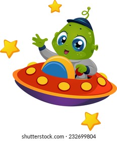 Illustration Featuring an Alien Boy Riding a Spaceship