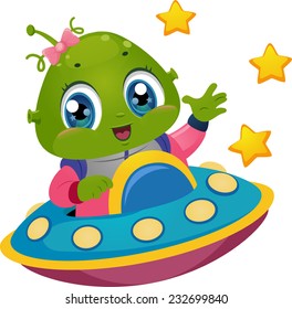 Illustration Featuring an Alien Girl Driving a Spaceship