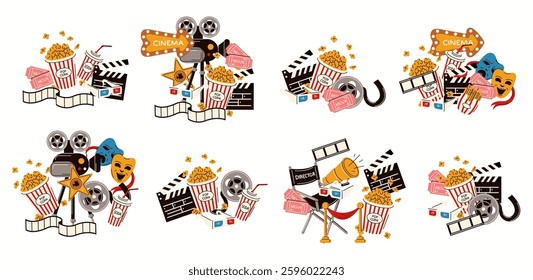 Illustration featuring all elements of a perfect movie night, including a film reel, directors chair, clapperboard, popcorn, and cinema sign, drawn in a bold vector style.