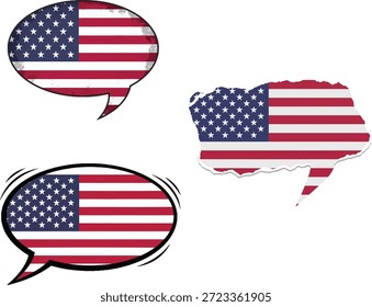 Una ilustración que presenta burbujas de discurso de la bandera estadounidense y un mapa de Estados Unidos