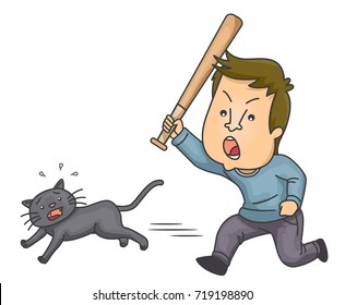 Illustration Featuring an Angry Young Man Chasing a Terrified Cat With a Bat