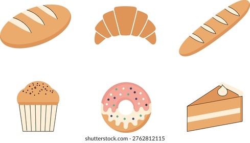 An illustration featuring an assortment of baked goods including bread and desserts on a white background.