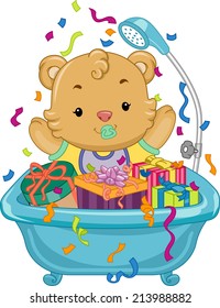 Ilustración con un oso bebé sentado en una bañera llena de regalos