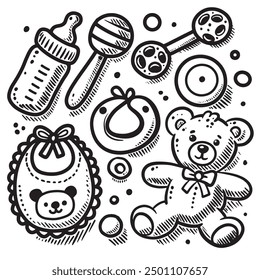 Illustration featuring a baby bottle, rattle, bib, and teddy bear drawn in a sketch style on a white background for coloring book. Concept: baby essentials.
