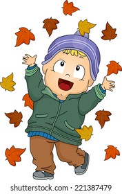 Illustration Featuring a Baby Boy Playing with Autumn Leaves