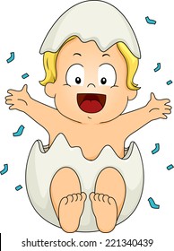 Illustration Featuring a Baby Boy Popping Out of an Egg During a Gender Reveal