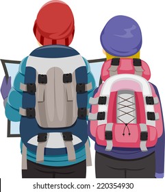Illustration Featuring a Backpacking Couple Examining a Travel Map