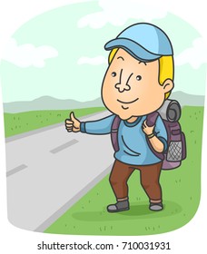 Illustration Featuring a Backpacking Young Man Asking for a Ride Using the Hitchhiking Sign