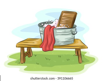 Illustration Featuring a Basin and a Washboard Placed Outdoors