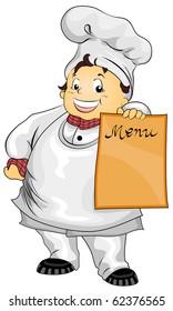 Illustration Featuring a Beaming Chef holding blank Menu Board - Vector