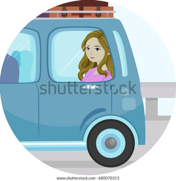 Illustration Featuring a\
Beautiful Young Woman Gazing From the Window of a Car as She Moves\
Away From Home