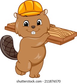 Illustration Featuring a Beaver Wearing a Hard Hat and Carrying a Slab of Wood