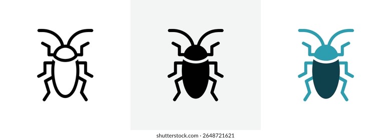 Illustration featuring beetle icon variations; the first is a flat line drawing, the second is a solid black fill, and the third is a blue and teal color fill.