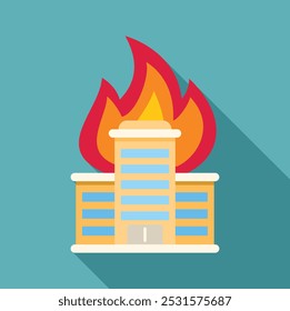 Illustration featuring a big city building with flames coming out of the top, in modern flat design style with long shadow