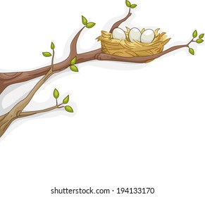 Illustration Featuring a Bird's Nest Resting on a Tree Branch