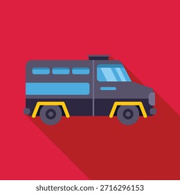 Illustration mit einem schwarzen gepanzerten Lieferwagen, der häufig für den sicheren Transport von Wertsachen verwendet wird und sich schnell auf lebhaftem rotem Hintergrund bewegt
