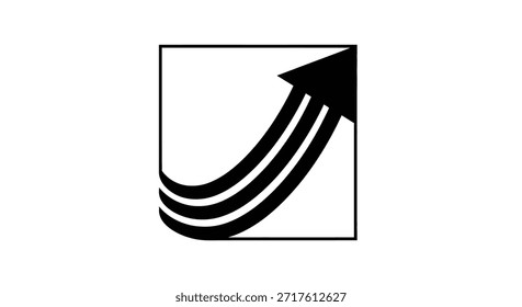 Ilustração com uma seta preta composta de três linhas curvas, apontando para cima e para a direita, dentro de um quadro quadrado. O projeto transmite uma sensação de movimento ascendente, crescimento e progresso,