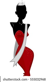 Illustration Featuring a Black Mannequin Dressed in a Red Gown, Diamond Tiara, and a Pageant Sash