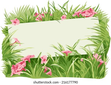Illustration Featuring a Blank Board Surrounded by Grass and Flowers