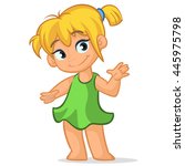 Illustration featuring a blond girl in a green dress presenting. Holiday vector illustration cartoon style for greeting card, poster, banner. Blond teenager girl standing  talking summer illustration