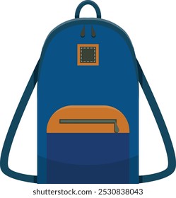 Ilustración con una mochila azul de pie, mostrando su bolsillo delantero y correas. Ideal para representar la vuelta a la escuela, viajar o llevar pertenencias