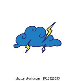 Illustration featuring a blue cloud and yellow lightning against a white background, portraying a thunderbolt icon. Ideal for weather-related designs and graphics.