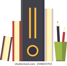 Illustration featuring books, pencils in a pencil holder, and a folder, creating a concept of studying, organization, and academic or office work