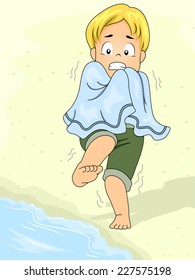 Illustration Featuring a Boy Afraid to Go Into the Water