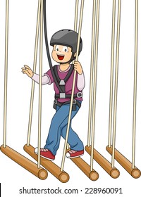 Illustration Featuring a Boy Crossing a Bamboo Bridge Suspended on Ropes