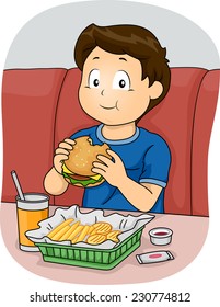 Illustration Featuring a Boy Eating Fast Food