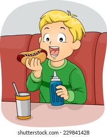Illustration Featuring a Boy Eating a Hotdog Sandwich