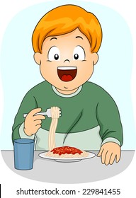 Illustration Featuring a Boy Eating Spaghetti