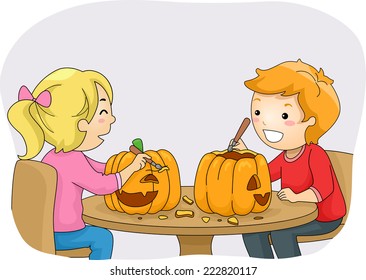 Illustration Featuring a Boy and a Girl Carving Pumpkins