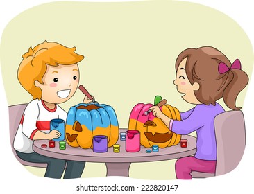 Illustration Featuring a Boy and a Girl Painting Pumpkins