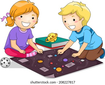 Illustration Featuring a Boy and a Girl Studying Planets Together