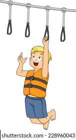 Illustration Featuring a Boy Holding On to a Hand Grip at an Obstacle Course