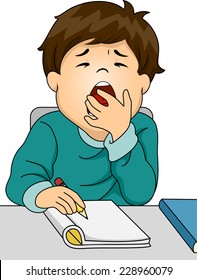 Illustration Featuring a Boy Letting Out a Big Yawn While Studying