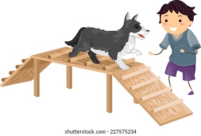 Illustration Featuring a Boy Performing an Agility Test While Its Master Cheers it On