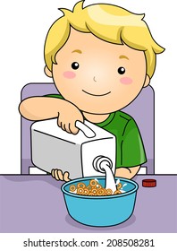 Illustration Featuring a Boy Pouring Milk on His Cereal
