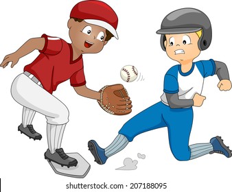 Illustration Featuring a Boy Trying to Reach the Base Before the Other Catches the Ball