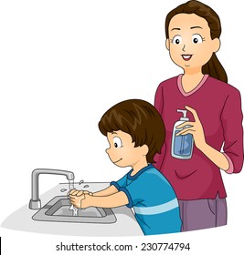 Illustration Featuring a Boy Washing His Hands While His Mother Watches