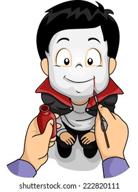 Illustration Featuring a Boy Wearing a Vampire Costume Having Make-up Applied on His Face