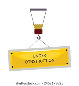 Illustration featuring a bright yellow under construction sign hanging from a hook